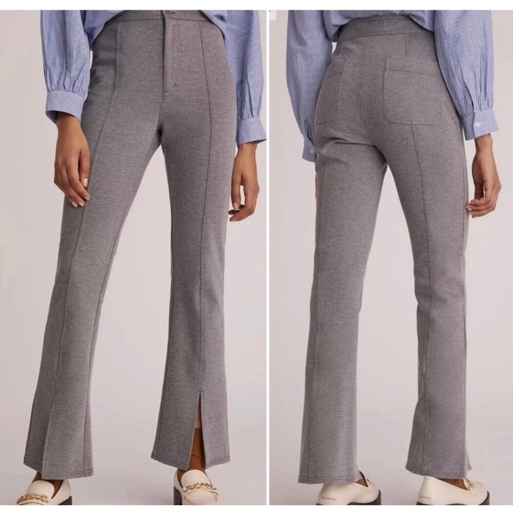 Anthropologie Maeve Gray Tweed Seamed Flare Pants Sz 2 Front Slit Hem Stretch